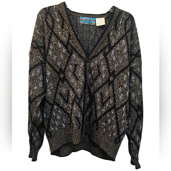 Wood Land Trail Button up Cardigan Mens Large Jacket Brown Multicolor diamond - Picture 1 of 10